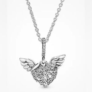 Authentic Pandora Pave Heart & Angel Wings Pendant Necklace